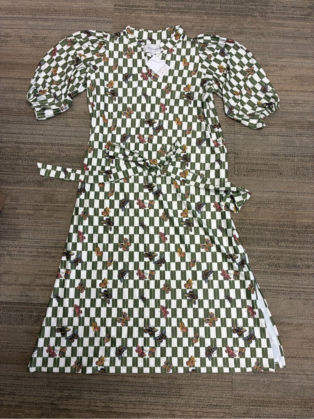 NWT Smith & Quinn Butterfly Checkered Puff-Sleeve Maxi Dress with Tie Waist